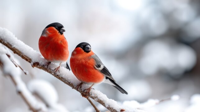 Pair of bullfinches resting on frosty branch in winter
