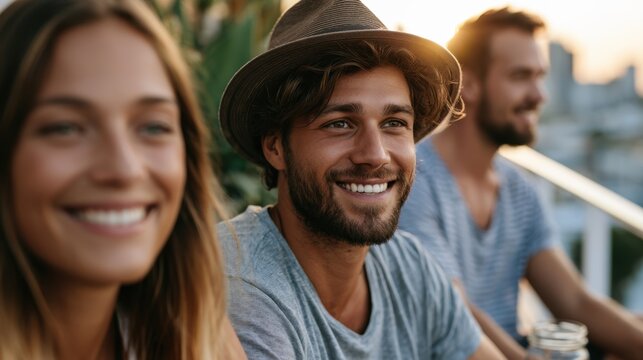 Young friends smiling and relaxing on rooftop balcony at sunset