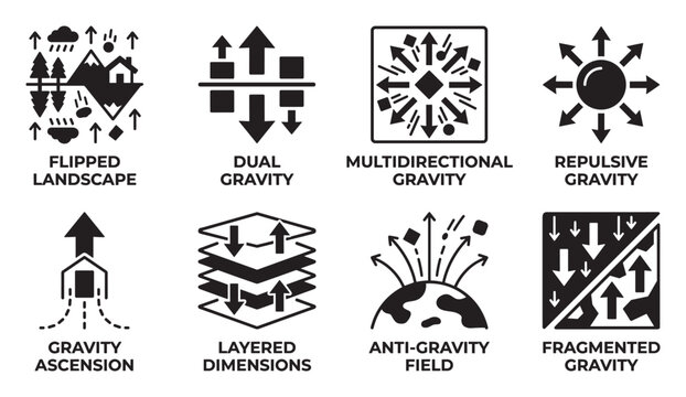 Gravity manipulation concepts with arrows and landscape abstract representation of physics forces.