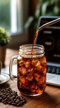 Iced coffee pouring into glass jar with laptop background