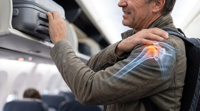 Man Experiencing Shoulder Pain While Lifting Carry-On Luggage into Airplane Overhead Bin with Painful Shoulder Joint Anatomy Overlay