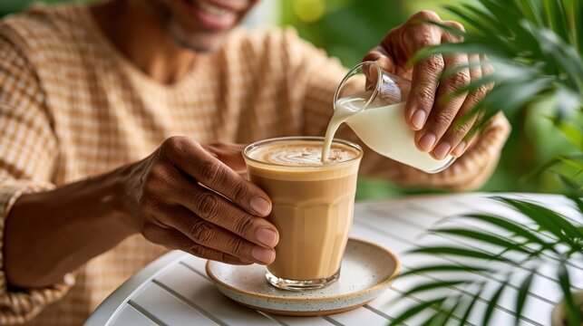 Man pouring milk into latte at outdoor cafe table morning