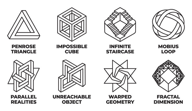 Impossible geometric shapes creating optical illusions and paradoxes.