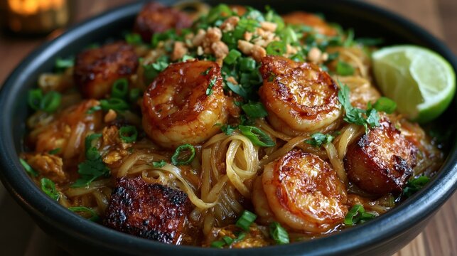 Grilled shrimp pad thai with caramelized sear, peanuts and lime for restaurant menu, banner or recipe card