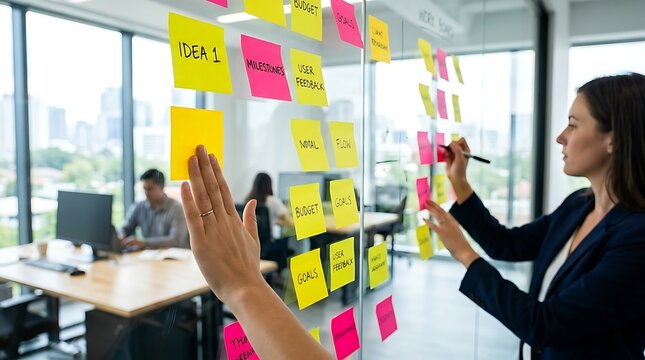 Business team brainstorming and planning project ideas using colorful sticky notes on a glass wall in a modern office