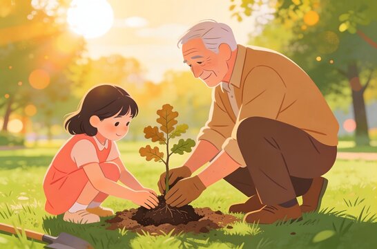 Warm illustration of a grandfather helping his young granddaughter plant a oak tree sapling in a park, suitable for family bonding environment day and intergenerational concepts.