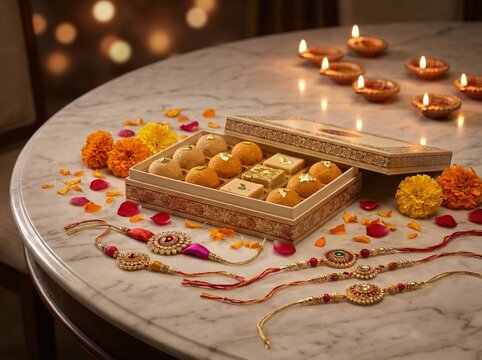 Premium raksha bandhan gift arrangement with sweets diyas and rakhis for festive banner design and holiday background
