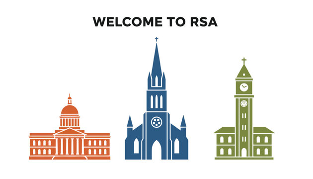 Welcome to RSA graphic illustration showing a classic legislative building, a traditional stone church, and a historical clock tower.