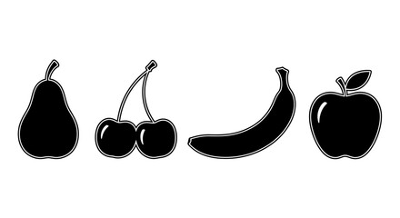 Black and white illustration of various fruits with illustration pear cherries cherries banana healthy graphic simple apple food icon © Prema