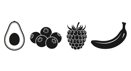 Black and white illustration of various fruits with avocado blueberries blackberry illustration four nutrition healthy graphic banana food with icon © Prema