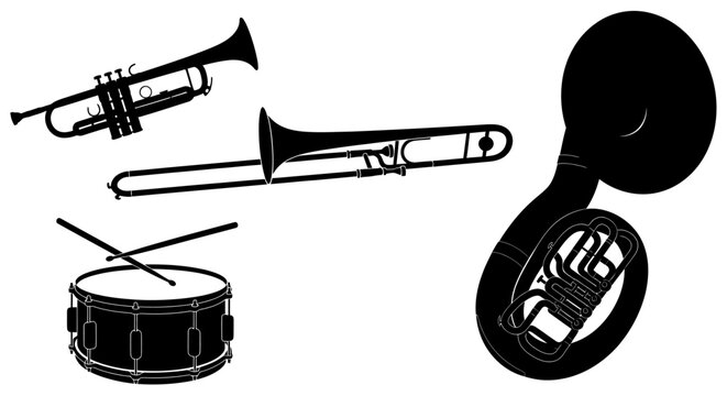 Black musical instruments on white background with instruments including trumpet trumpet trombone french silhouettes musical french horn percussion