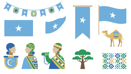 Obraz premium Somalia national flag theme set including bunting, pennants, waving flags, a camel, traditional figures, and tribal pattern decorations.