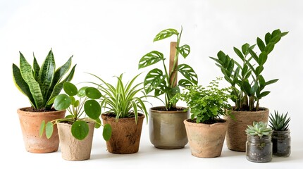 Fototapeta premium Potted indoor plants in recyclable containers on white shelf. Eco-friendly home decor with sustainable terracotta and ceramic planters.