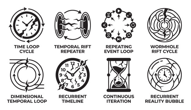 Time loop cycle with clock and looping arrows illustration.