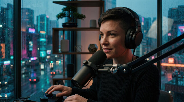 Engaged Woman Podcaster In Studio With City Lights Behind