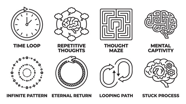 Time loop repetitive thoughts thought maze mental captivity infinite pattern.