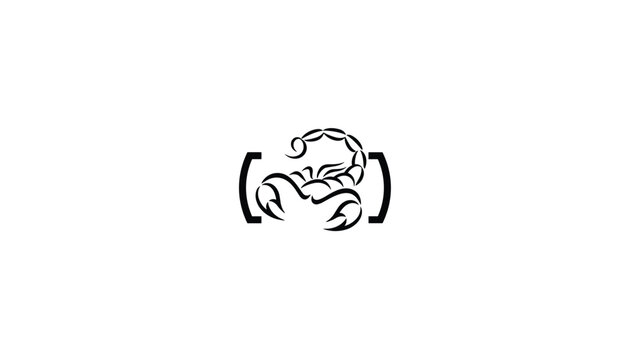 Minimalist black and white logo icon of a stylized scorpion enclosed in simple brackets representing a zodiac sign or nature theme.