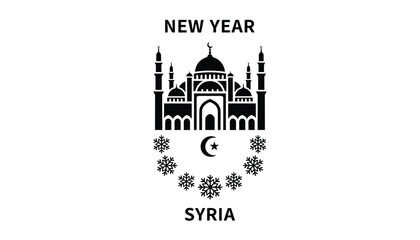 Obraz premium New Year logo design for Syria featuring an iconic mosque silhouette surrounded by stars and winter snowflakes in a black and white style.