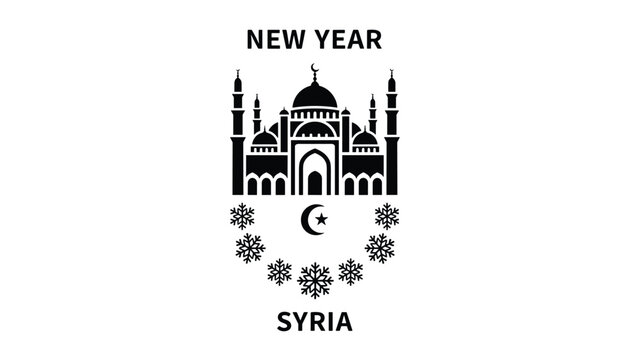 New Year logo design for Syria featuring an iconic mosque silhouette surrounded by stars and winter snowflakes in a black and white style.