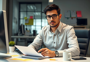 Obraz premium Young businessman in glasses reviewing documents at a modern office desk with a computer and coffee mug