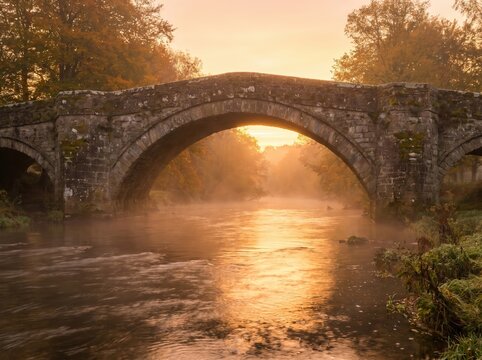 Ancient stone bridge crossing a misty river at golden sunrise for autumn landscape background and countryside banner use