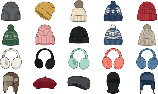 Winter Hat and Earmuff Vector Icon Set Featuring Knitted Beanies Pom Pom Caps Ushanka Beret and Headbands for Cold Weather Fashion Apparel Catalog Designs