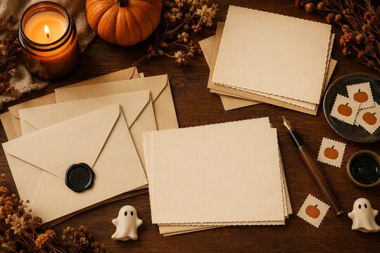 Cozy Vintage Halloween Stationery Card Mockup Blank Paper Ghost Decor