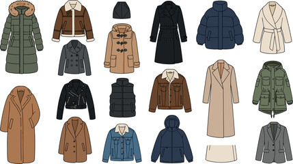 Winter Outerwear and Coat Vector Icon Set Featuring Puffer Jackets Trench Coats Parkas Leather Biker Jackets Denim and Shearling Apparel for Cold Weather Fashion © mark jukerbug