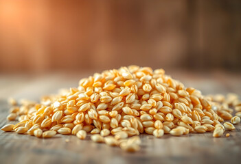 Obraz premium Pile of golden wheat grains on a rustic wooden table with warm sunlight, agriculture and healthy food, the natural texture and detail of the cereal grains are visible