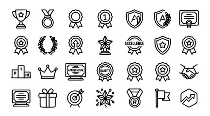 Fototapeta premium Award Line Icons Set with Trophy Medal Ribbon Cup Achievement and Winner Symbols Vector Illustration