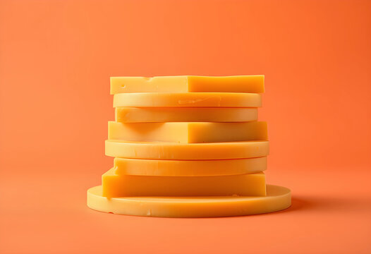 Stack of yellow cheese slices and blocks on a solid orange background, dairy product and food ingredient