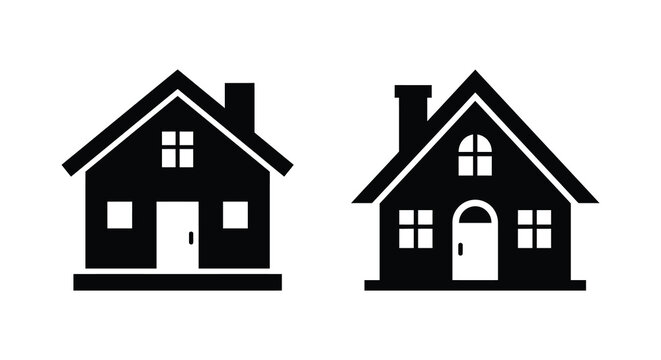 Two Black House Silhouettes With Distinct Rooflines On A White Background shape