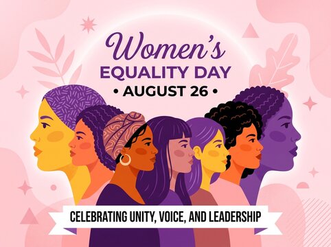 Women's Equality Day August 26 banner, diverse group of women profile illustration, female empowerment and unity concept art