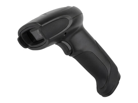 Black handheld barcode scanner with textured grip isolated on transparent background reader
