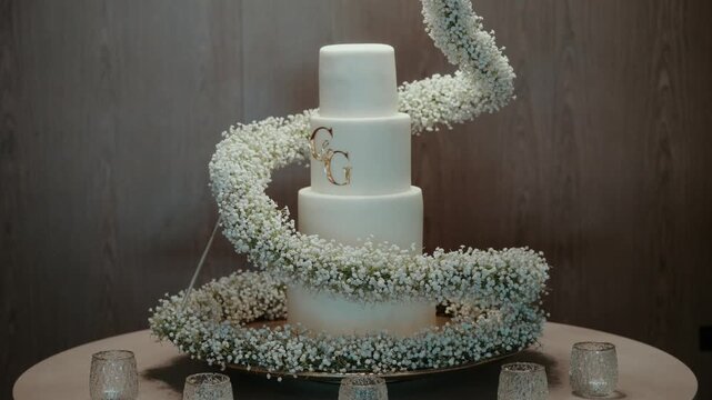 Description:
Four tier white wedding cake wrapped with spiral baby breath flowers