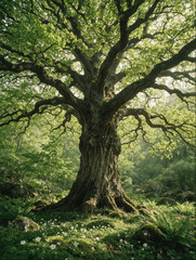 Fototapeta premium Ancient Oak Trunk Framed by Ferns and Wildflowers