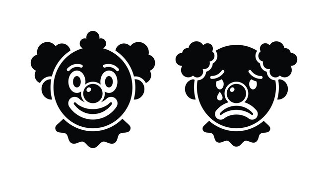 Two clown face silhouettes displaying contrasting emotions on a white background clowns