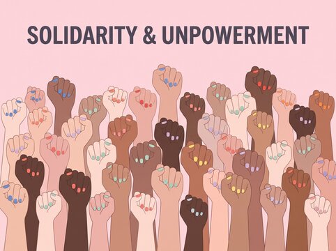 Solidarity and Unpowerment concept with raised fists, diverse group of women protesting for social justice, feminist movement illustration on pink background