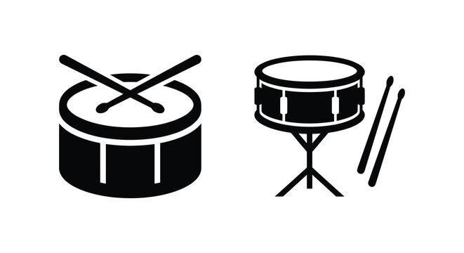 Two black silhouette drums with drumsticks on a white background drum percussion
