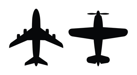 Airplane and propeller plane silhouettes against a white background simple aviation shapes © Mithon