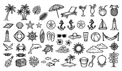 Fototapeta premium SEO Title: Vintage Beach Summer Doodle Vector Set with Palm Trees Cocktails Seashells and Nautical Sketch Elements Isolated on Solid White Background