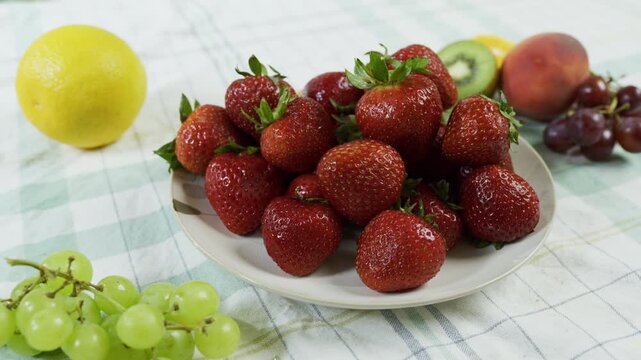 Fresh, beautiful strawberries stacked on plate near other fruit - tracking medium shot