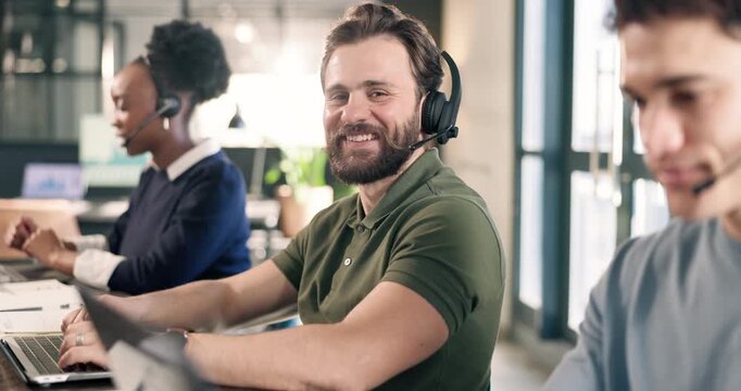 Call center, man and portrait with coworking workplace, contact us and laptop with help desk. Happy person, colleagues and smile at pc for online advice, customer support and telecom in office