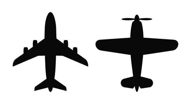Airplane and propeller plane silhouettes against a white background simple aviation shapes