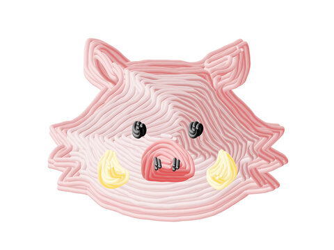 Textured 3D illustration of a pink pig or wild boar face with tusks