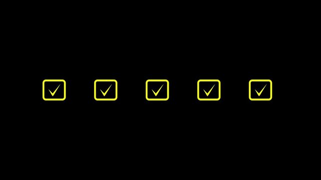 Five yellow check mark icons in rounded squares isolated on black background