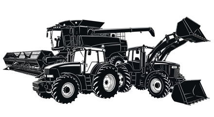 Black and white illustration of tractors with combine harvester illustration two line art agriculture industrial machinery equipment vehicles © Pabitra