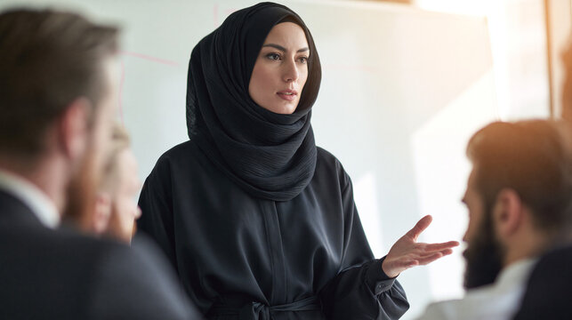 Woman in hijab presenting confidently to colleagues in a business meeting.