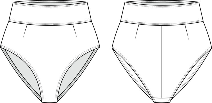 Fashion flat sketch technical drawing template of women high waisted briefs or underwear with wide waistband