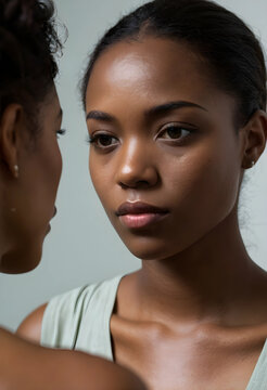 Young african american woman looking at her reflection in a mirror, self-care and identity